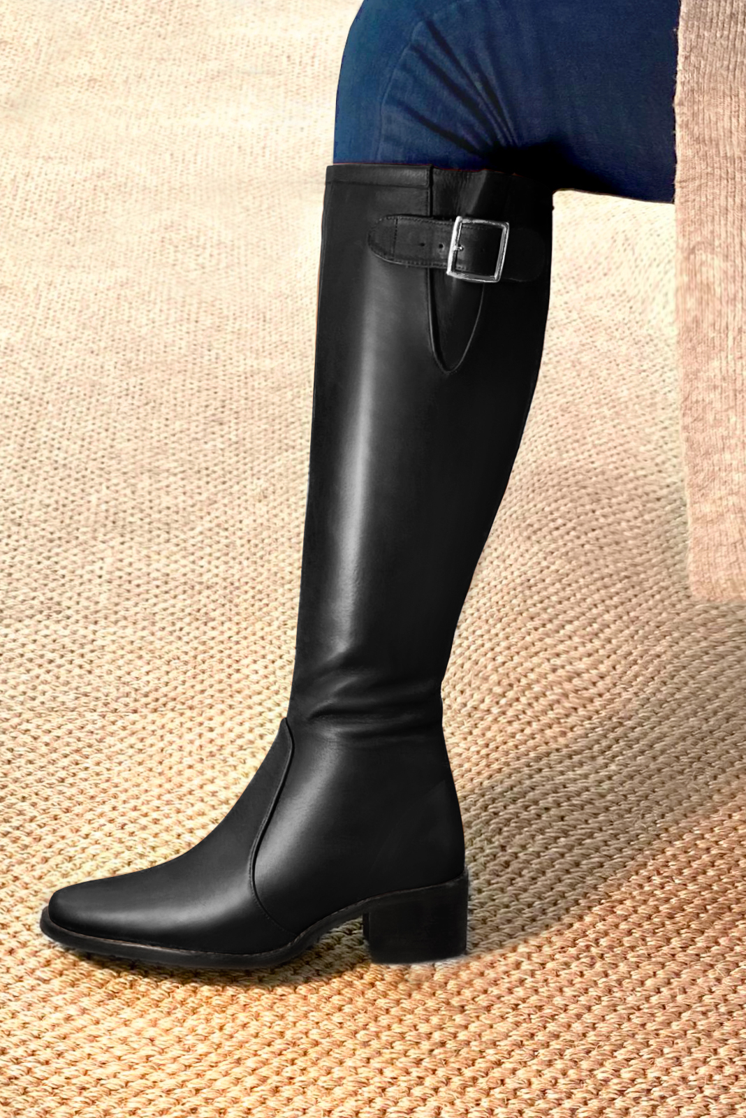 French elegance and refinement for these satin black knee-high boots with buckles, 
                available in many subtle leather and colour combinations. Record your foot and leg measurements.
We will adjust this pretty boot with inner zip to your leg measurements in height and width.
The outer buckle allows for width adjustment.
You can customise the boot with your own materials, colours and heels on the "My Favourites" page.
 
                Made to measure. Especially suited to thin or thick calves.
                Matching clutches for parties, ceremonies and weddings.   
                You can customize these knee-high boots to perfectly match your tastes or needs, and have a unique model.  
                Choice of leathers, colours, knots and heels. 
                Wide range of materials and shades carefully chosen.  
                Rich collection of flat, low, mid and high heels.  
                Small and large shoe sizes - Florence KOOIJMAN